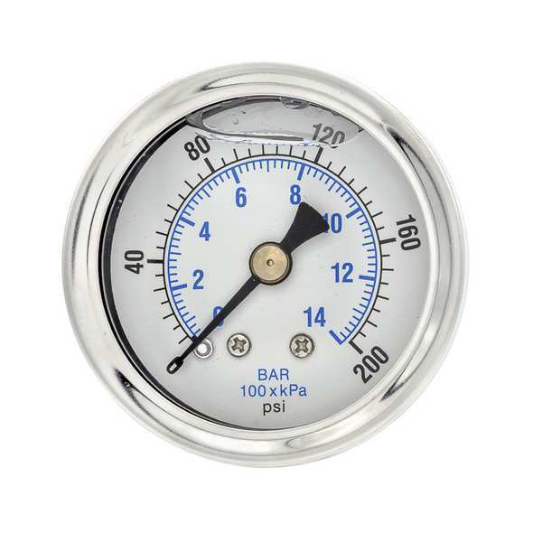 Pressure Gauge, 0 to 200 psi, 1/8 in MNPT, Stainless Steel, Silver