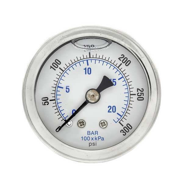 Pressure Gauge, 0 to 300 psi, 1/8 in MNPT, Stainless Steel, Silver