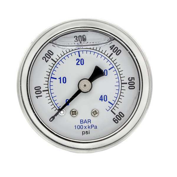 Pressure Gauge, 0 to 600 psi, 1/8 in MNPT, Stainless Steel, Silver