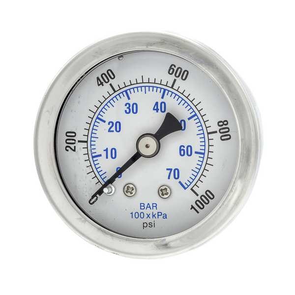 Pressure Gauge, 0 to 1000 psi, 1/8 in MNPT, Stainless Steel, Silver