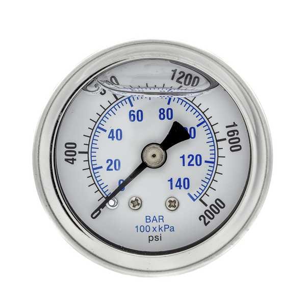 Pressure Gauge, 0 to 2000 psi, 1/8 in MNPT, Stainless Steel, Silver