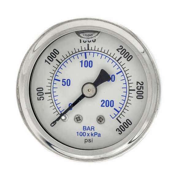 Pressure Gauge, 0 to 3000 psi, 1/8 in MNPT, Stainless Steel, Silver