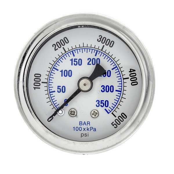 Pressure Gauge, 0 to 5000 psi, 1/8 in MNPT, Stainless Steel, Silver