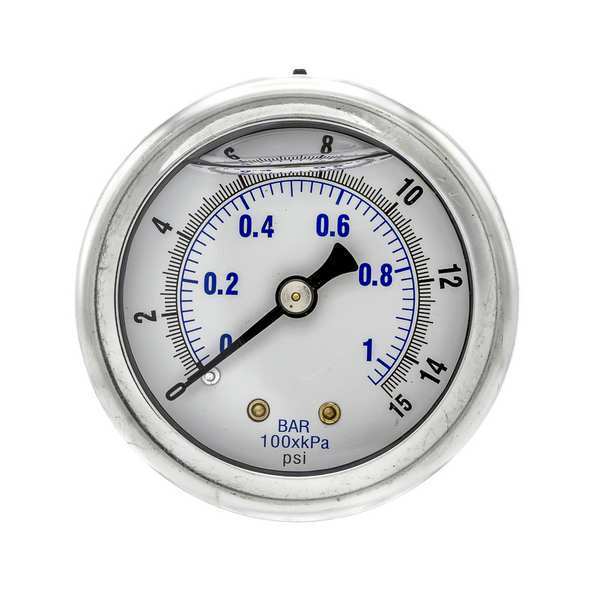 Pressure Gauge, 0 to 15 psi, 1/4 in MNPT, Stainless Steel, Silver