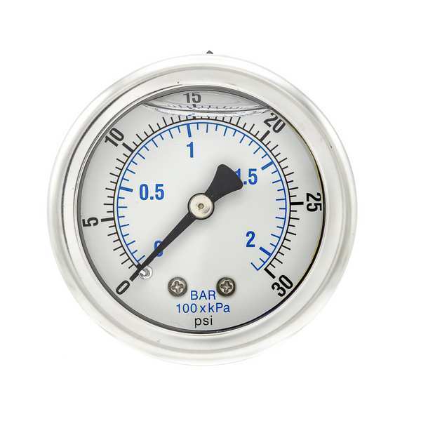 Pressure Gauge, 0 to 30 psi, 1/4 in MNPT, Stainless Steel, Silver
