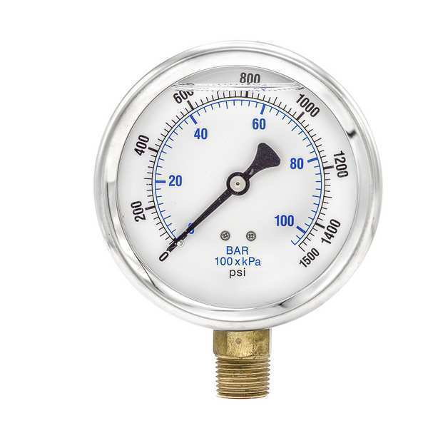 Pressure Gauge, 0 to 1500 psi, 1/2 in MNPT, Stainless Steel, Silver