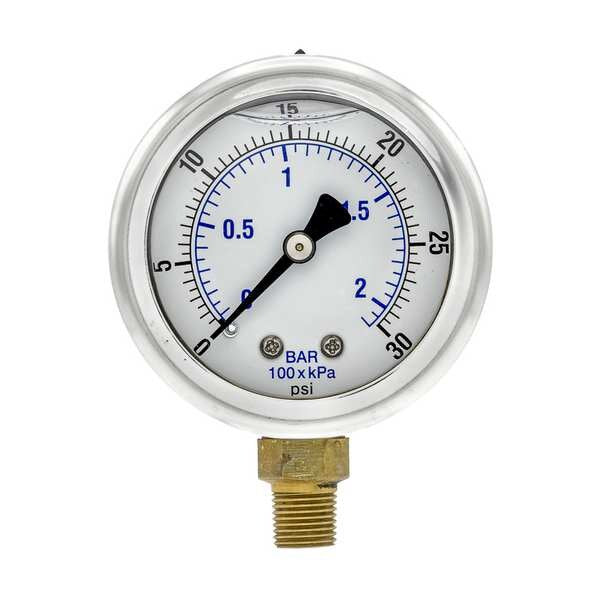 Pressure Gauge, 0 to 30 psi, 1/8 in MNPT, Stainless Steel, Silver