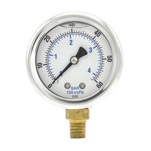 Pressure Gauge, 0 to 60 psi, 1/8 in MNPT, Stainless Steel, Silver