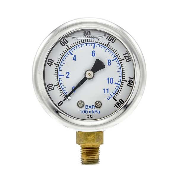 Pressure Gauge, 0 to 160 psi, 1/8 in MNPT, Stainless Steel, Silver