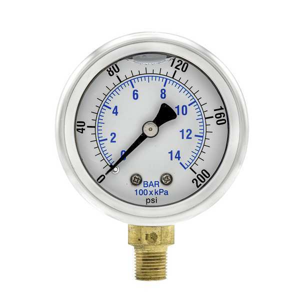 Pressure Gauge, 0 to 200 psi, 1/8 in MNPT, Stainless Steel, Silver