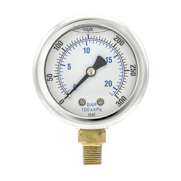 Pressure Gauge, 0 to 300 psi, 1/8 in MNPT, Stainless Steel, Silver