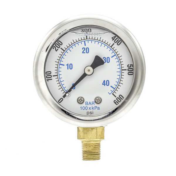 Pressure Gauge, 0 to 600 psi, 1/8 in MNPT, Stainless Steel, Silver