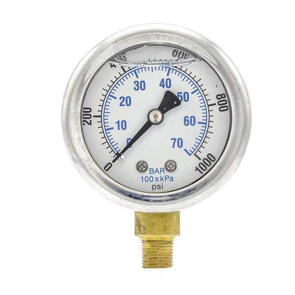 Pressure Gauge, 0 to 1000 psi, 1/8 in MNPT, Stainless Steel, Silver