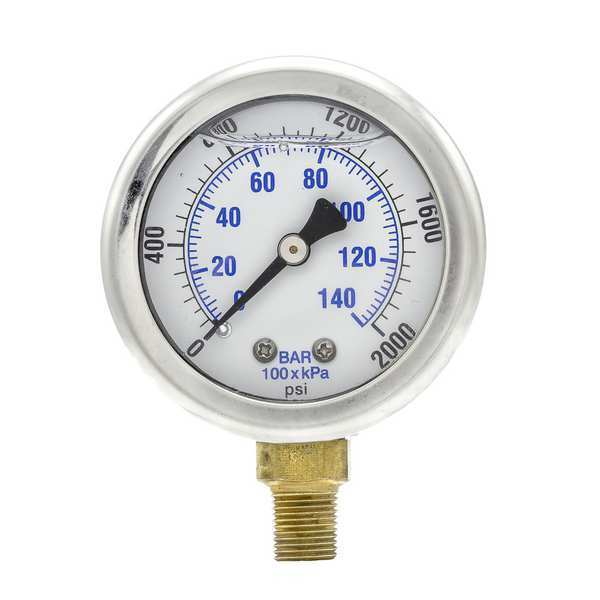 Pressure Gauge, 0 to 2000 psi, 1/8 in MNPT, Stainless Steel, Silver