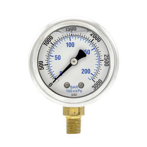 Pressure Gauge, 0 to 3000 psi, 1/8 in MNPT, Stainless Steel, Silver