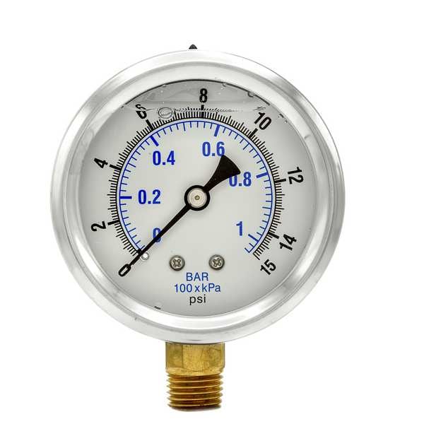 Pressure Gauge, 0 to 15 psi, 1/4 in MNPT, Stainless Steel, Silver