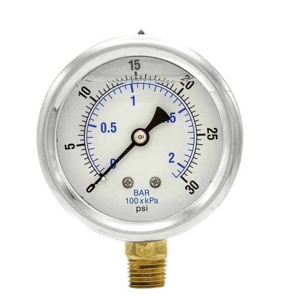 Pressure Gauge, 0 to 30 psi, 1/4 in MNPT, Stainless Steel, Silver