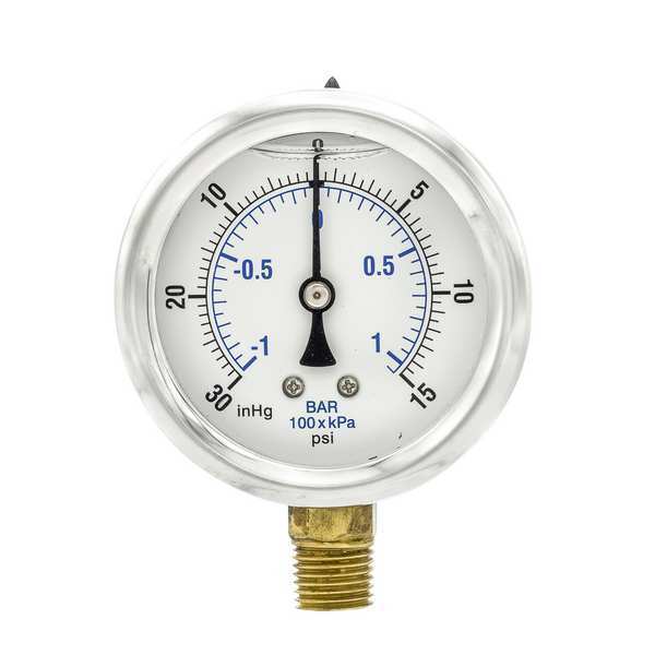 Compound Gauge, -30 to 0 to 15 in Hg/psi, 1/4 in MNPT, Stainless Steel, Silver