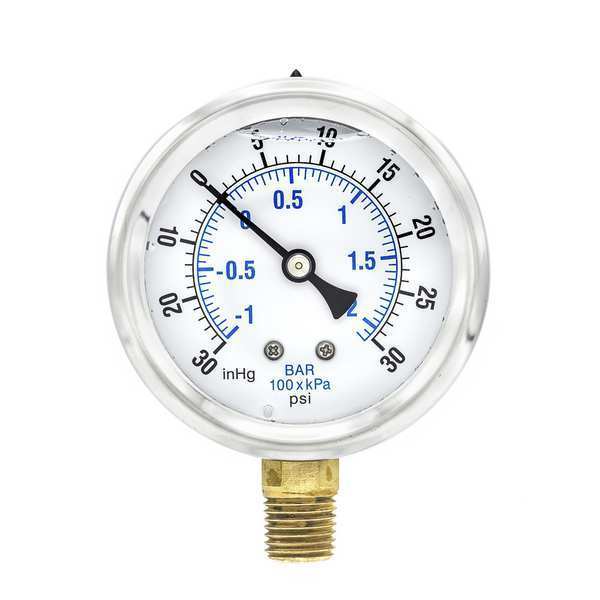 Compound Gauge, -30 to 0 to 30 in Hg/psi, 1/4 in MNPT, Stainless Steel, Silver