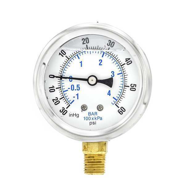Compound Gauge, -30 to 0 to 60 in Hg/psi, 1/4 in MNPT, Stainless Steel, Silver