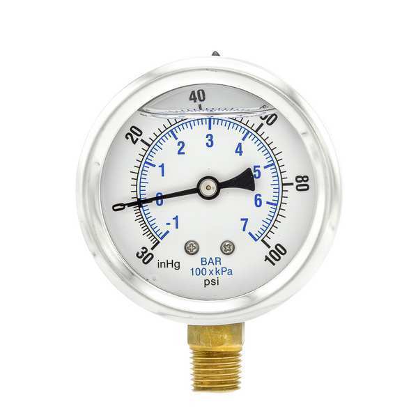 Compound Gauge, -30 to 0 to 100 in Hg/psi, 1/4 in MNPT, Stainless Steel, Silver