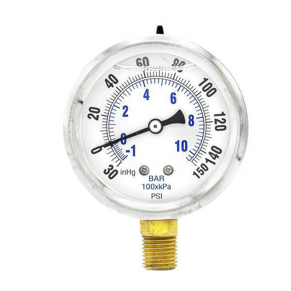 Compound Gauge, -30 to 0 to 160 in Hg/psi, 1/4 in MNPT, Stainless Steel, Silver