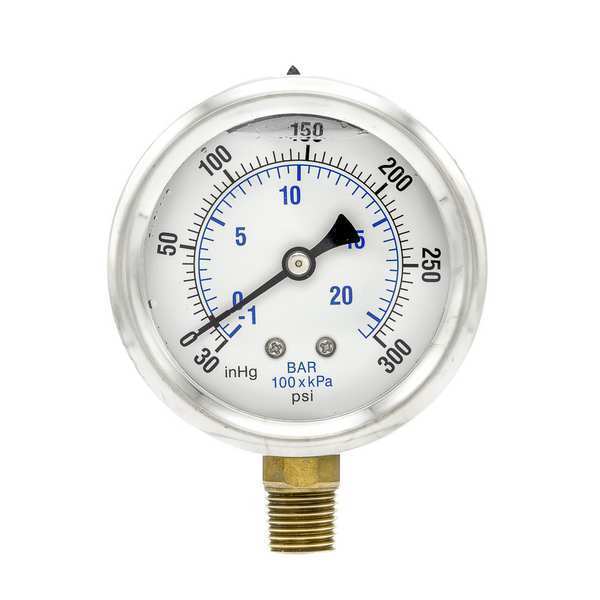 Compound Gauge, -30 to 0 to 300 in Hg/psi, 1/4 in MNPT, Stainless Steel, Silver