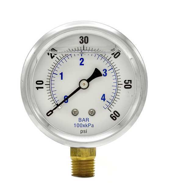 Pressure Gauge, 0 to 60 psi, 1/4 in MNPT, Stainless Steel, Silver