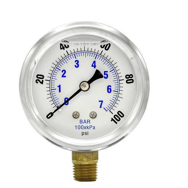 Pressure Gauge, 0 to 100 psi, 1/4 in MNPT, Stainless Steel, Silver