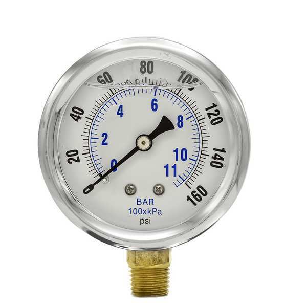 Pressure Gauge, 0 to 160 psi, 1/4 in MNPT, Stainless Steel, Silver