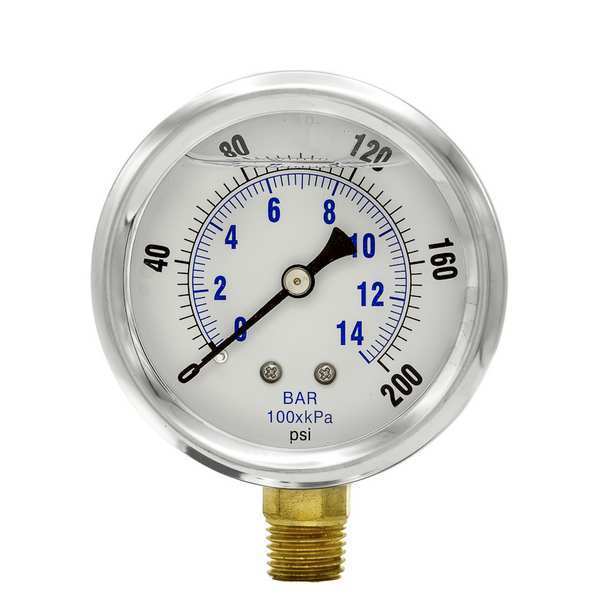Pressure Gauge, 0 to 200 psi, 1/4 in MNPT, Stainless Steel, Silver