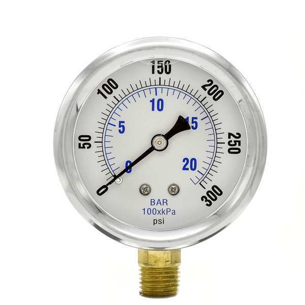 Pressure Gauge, 0 to 300 psi, 1/4 in MNPT, Stainless Steel, Silver