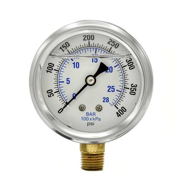 Pressure Gauge, 0 to 400 psi, 1/4 in MNPT, Stainless Steel, Silver