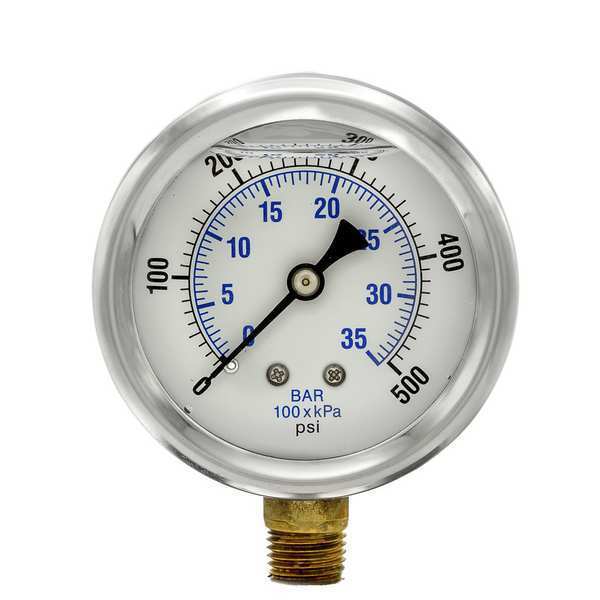 Pressure Gauge, 0 to 500 psi, 1/4 in MNPT, Stainless Steel, Silver