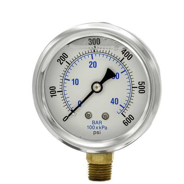 Pressure Gauge, 0 to 600 psi, 1/4 in MNPT, Stainless Steel, Silver