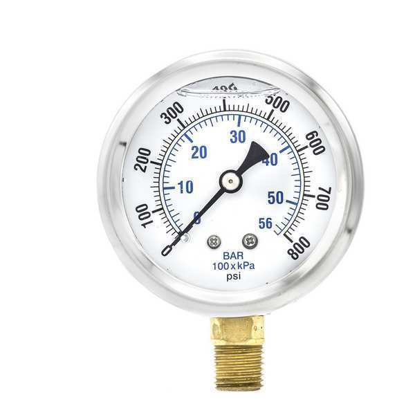 Pressure Gauge, 0 to 800 psi, 1/4 in MNPT, Stainless Steel, Silver