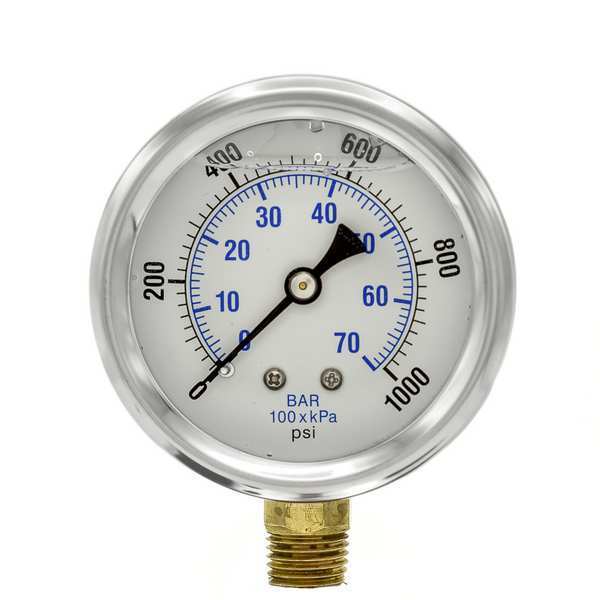 Pressure Gauge, 0 to 1000 psi, 1/4 in MNPT, Stainless Steel, Silver