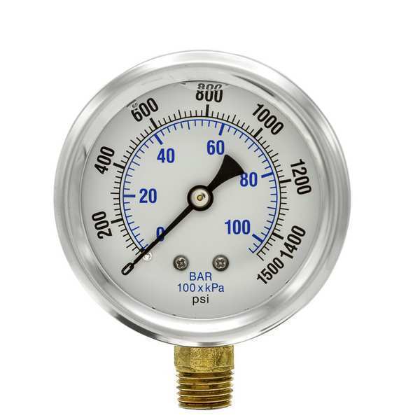 Pressure Gauge, 0 to 1500 psi, 1/4 in MNPT, Stainless Steel, Silver