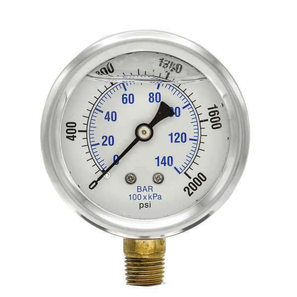 Pressure Gauge, 0 to 2000 psi, 1/4 in MNPT, Stainless Steel, Silver
