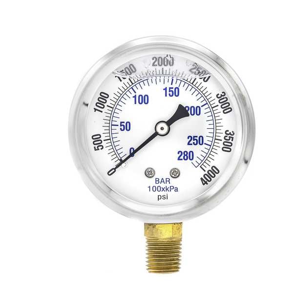 Pressure Gauge, 0 to 4000 psi, 1/4 in MNPT, Stainless Steel, Silver