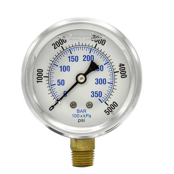 Pressure Gauge, 0 to 5000 psi, 1/4 in MNPT, Stainless Steel, Silver