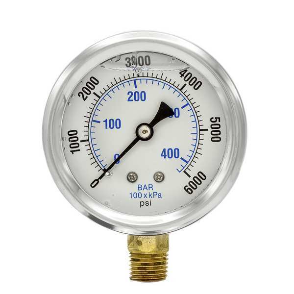 Pressure Gauge, 0 to 6000 psi, 1/4 in MNPT, Stainless Steel, Silver