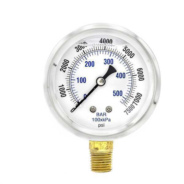 Pressure Gauge, 0 to 7500 psi, 1/4 in MNPT, Stainless Steel, Silver
