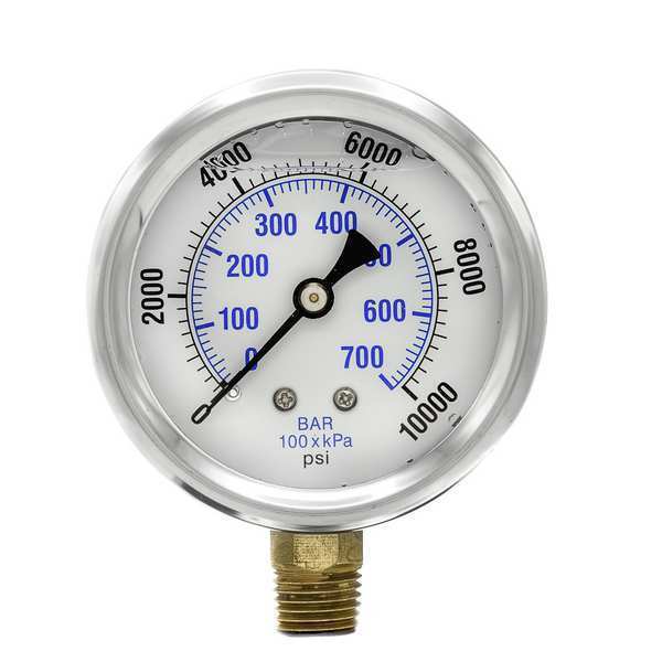 Pressure Gauge, 0 to 10,000 psi, 1/4 in MNPT, Stainless Steel, Silver