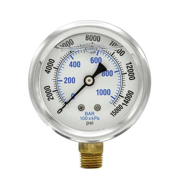Pressure Gauge, 0 to 15,000 psi, 1/4 in MNPT, Stainless Steel, Silver