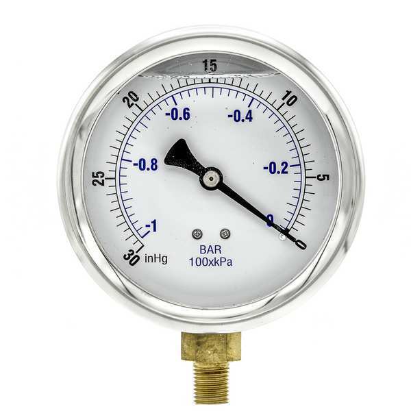 Vacuum Gauge, Liquid, 4In, 30-0In Hg Vacuum
