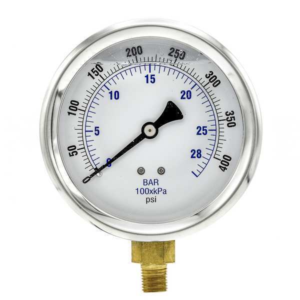 Pressure Gauge, 0 to 400 psi, 1/4 in MNPT, Stainless Steel, Silver