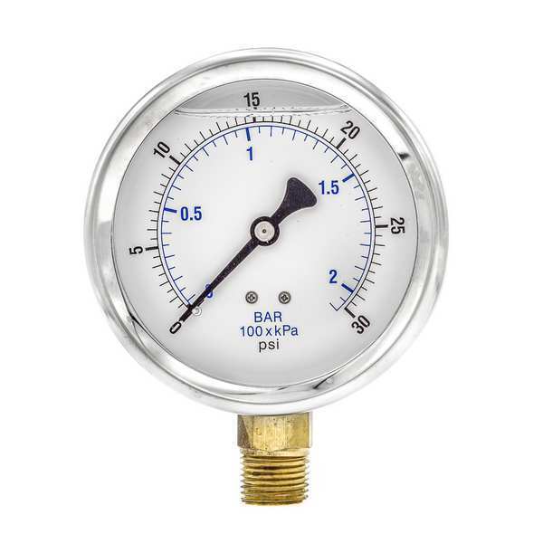 Pressure Gauge, 0 to 30 psi, 1/2 in MNPT, Stainless Steel, Silver
