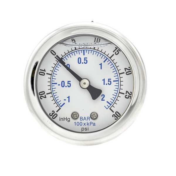 Compound Gauge, -30 to 0 to 30 in Hg/psi, 1/4 in MNPT, Stainless Steel, Silver