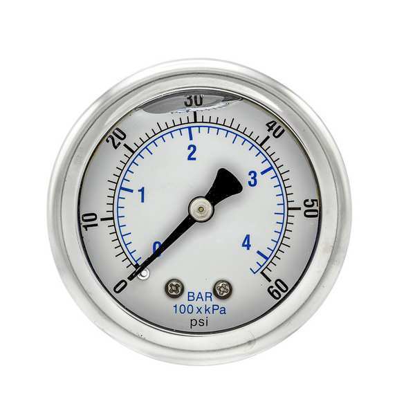Pressure Gauge, 0 to 60 psi, 1/4 in MNPT, Stainless Steel, Silver
